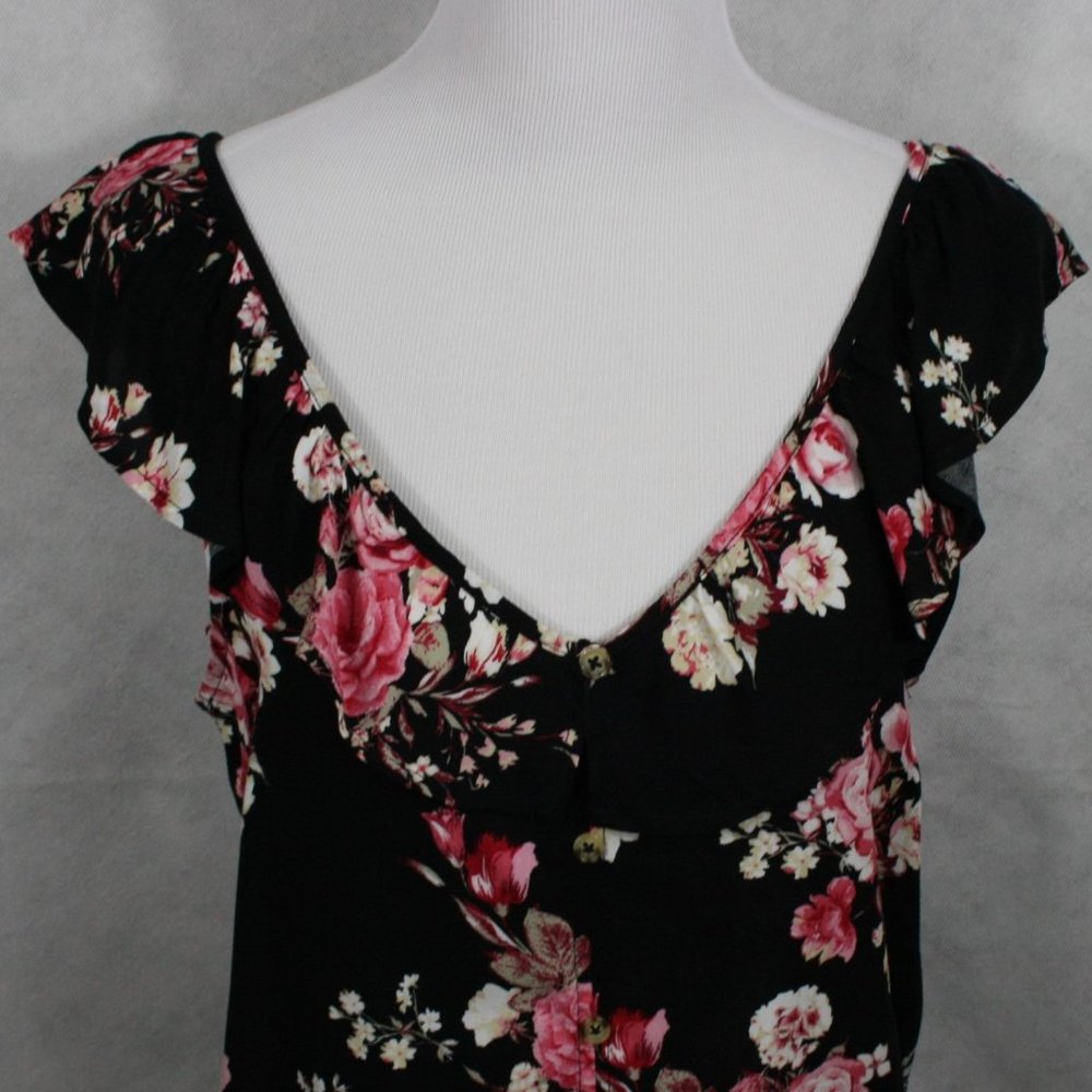 No Boundaries Multi Color Floral Rayon Blouse w/ Ruffle Collar Trim SZ M EUC - Picture 3 of 8